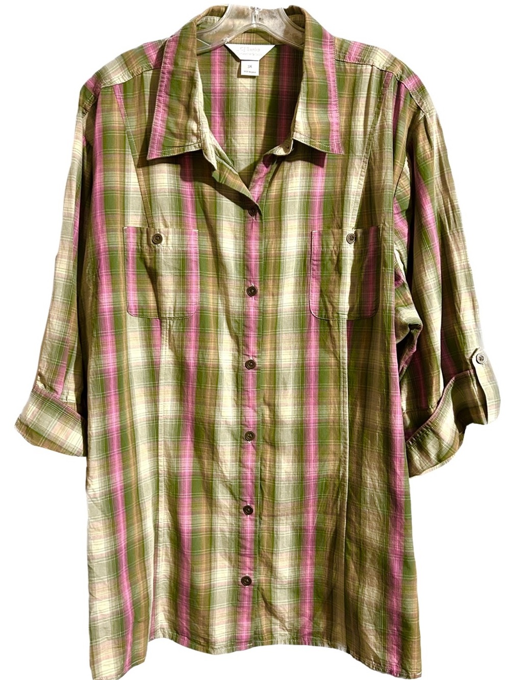 CJ Banks Women’s Pink Plaid 3/4 Sleeve Button Front Top Plus Size 3X
